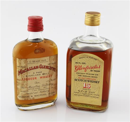 One bottle of Glenfarclas 15 year old Scotch whisky and a half bottle of Macallan Glenlivet,